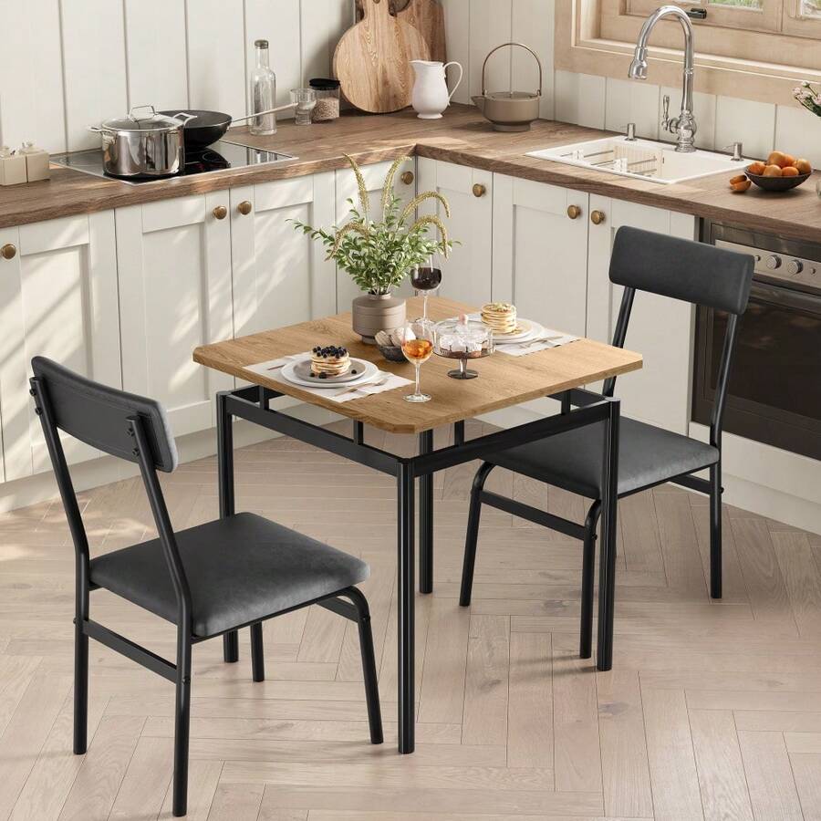 3 Piece Dining Table Set, Wooden Kitchen Table Set With 2 PU Upholstered Chair, Industrial Metal Frame Dinette Set For Dining Room, Home Dinner, Party - 黑色 - 查看 1
