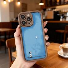 Cubierta de telefono con borde negro azul claro con estampado de niña sentada sosteniendo globo blanco para uso diario en cafeterias y espacios urbanos Aplicable a los teléfonos de la serie Apple y Galaxy - Burdeos - Ver 5