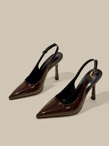 女士咖啡棕色漆皮尖头细跟闭趾高跟鞋，优雅正式时尚派对礼服鞋，带踝带 - 咖啡棕 - 查看 5