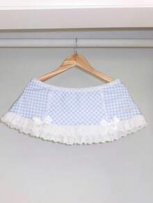 Women's Sweet Style Maid Costume Set: Vintage Patterned Short Sleeve Top With Lace Trim And Matching Skirt, Featuring Hollow-Out Design And Bow Accents, Perfect For Cosplay & Themed Parties - Màu xanh lam - Xem 4