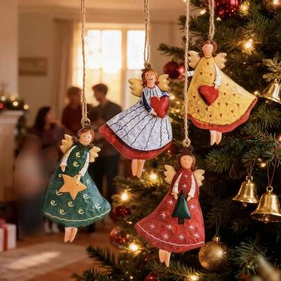 4 件复古天使挂饰 - 奇幻主题木制圣诞树装饰，轻巧的节日设计，无需电力或电池，无羽毛复古风格装饰