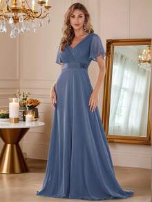 优雅V领荷叶边蝴蝶袖浅蓝色伴娘礼服、宾客礼服、新娘母亲半正式礼服、婚礼、生日派对、情人节