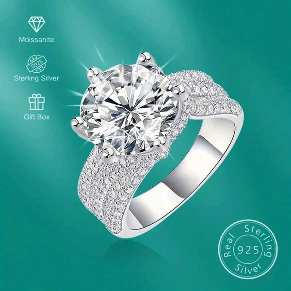 1 Gorgeous Light Luxury 5-Carat Moissanite 925 Sterling Silver Ring, Perfect Gift For Women's Engagement/Wedding, Gift Box Set