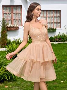 MIUSOL Vestido de fiesta con volantes de encaje con lentejuelas y cuello en V, vestido de verano, vestido de vuelta al colegio, vestido de invitada de boda, vestido de línea A para fiesta de primavera - Champán - Ver 7