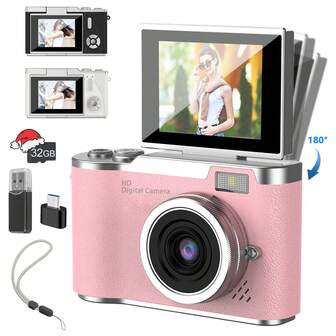 数码相机，高清数码相机，180°翻转拍摄数码相机，8倍光学变焦数码相机，自动对焦4800万像素高清相机，防抖，高清相机适用于摄影、录像和自动对焦，高清数码相机，圣诞节、生日和新年礼物，相机玩具