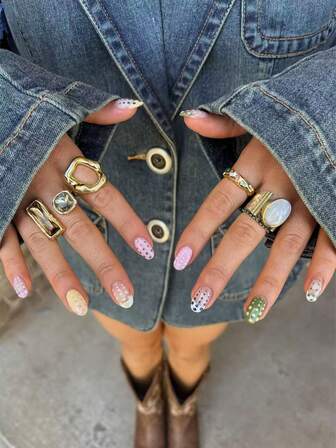 24 piezas de pegatinas de uñas francesas blancas ovaladas y cortas, con patrones de lunares rosa, blanco, negro y amarillo, perfectas para sets de uñas acrílicas, incluye 1 pieza de gel de gelatina y 1 pieza de lima de uñas, adecuado para uso diario o de fiesta de niñas