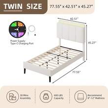 LED Bed Frame With Storage Headboard, Queen Bed Frame With Bookcase Headboard, PU Leather Upholstered Furniture, No Box Spring Needed, Easy Assembly, Christmas Gifts, Bedroom Deccor, Twin/ Full/ Queen, Black/ White (USB LED Strip) - 白色 - 查看 7