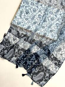 新款波西米亚印花围巾，轻盈透气流苏披肩，优雅女士防晒沙滩旅行围巾 - 灰色 - 查看 4