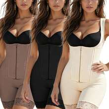 Zip & Hook Closure Body Shaper With Wide Shoulder Straps, Boned Tummy Contouring Mid Thigh Shapewear With Lace Leg Opening - Coffee Brown - View 2