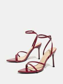 Women's High Heel Sandals, Suitable For Spring/Summer Night Parties, Gatherings, Outdoor Events, Runway Shows, Banquets. Featuring Pointed Toe, Shiny Finish, Ankle Strap, Soft And Skin-Friendly Mirror Material, Elegant And Fashionable Design In Wine Red Color, Ideal For Commuting And Pairing With Autumn Women's Outfits. - Burgundy - View 5