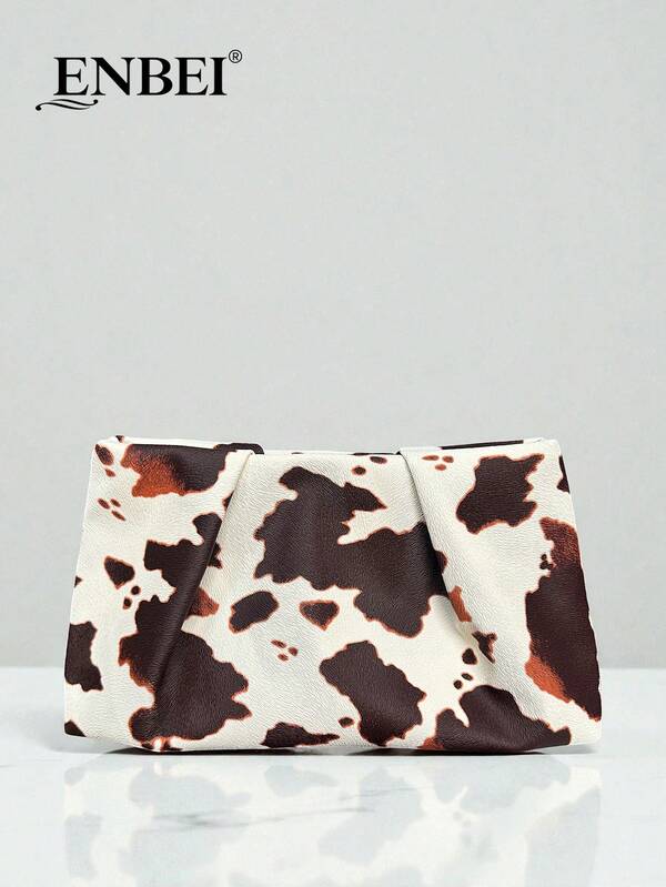 ENBEI حقيبة كلاتش من جلد البقر بطبعة الأبقار من ENBEI للخريف والشتاء، حقيبة كلاتش للنساء، محفظة مغلفة، محفظة بطراز رجعي للنساء، حقيبة كلاتش نسائية بطيات عصرية بسيطة، مناسبة للعطلات والتسوق والمواعدة، هدية عيد ميلاد المرأة وهدية عيد الميلاد