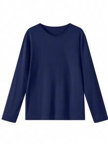 Áo thun nam tay dài cổ chữ V màu trơn, thường ngày, Xuân/Hè, Thu - Màu xanh hải quân - Xem 3