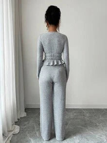 2pcs Autumn/Winter Casual New Gray Brushed Ribbed, Sweet Ruffle Trim Front Tie, Pleated Ruffle Hem Long Sleeve T-Shirt + Elastic Waist Wide Leg Pants Set, Comfortable Casual Outfit - Grey - View 2