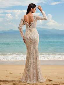 Đầm maxi đuôi cá sang trọng, cao cấp, đính sequin và ren, cổ vuông, hở lưng, dây buộc điều chỉnh được, thích hợp cho các bữa tối trang trọng, dạ hội, đám cưới, sự kiện thảm đỏ, tiệc Valentine mùa xuân. - Màu be - Xem 3