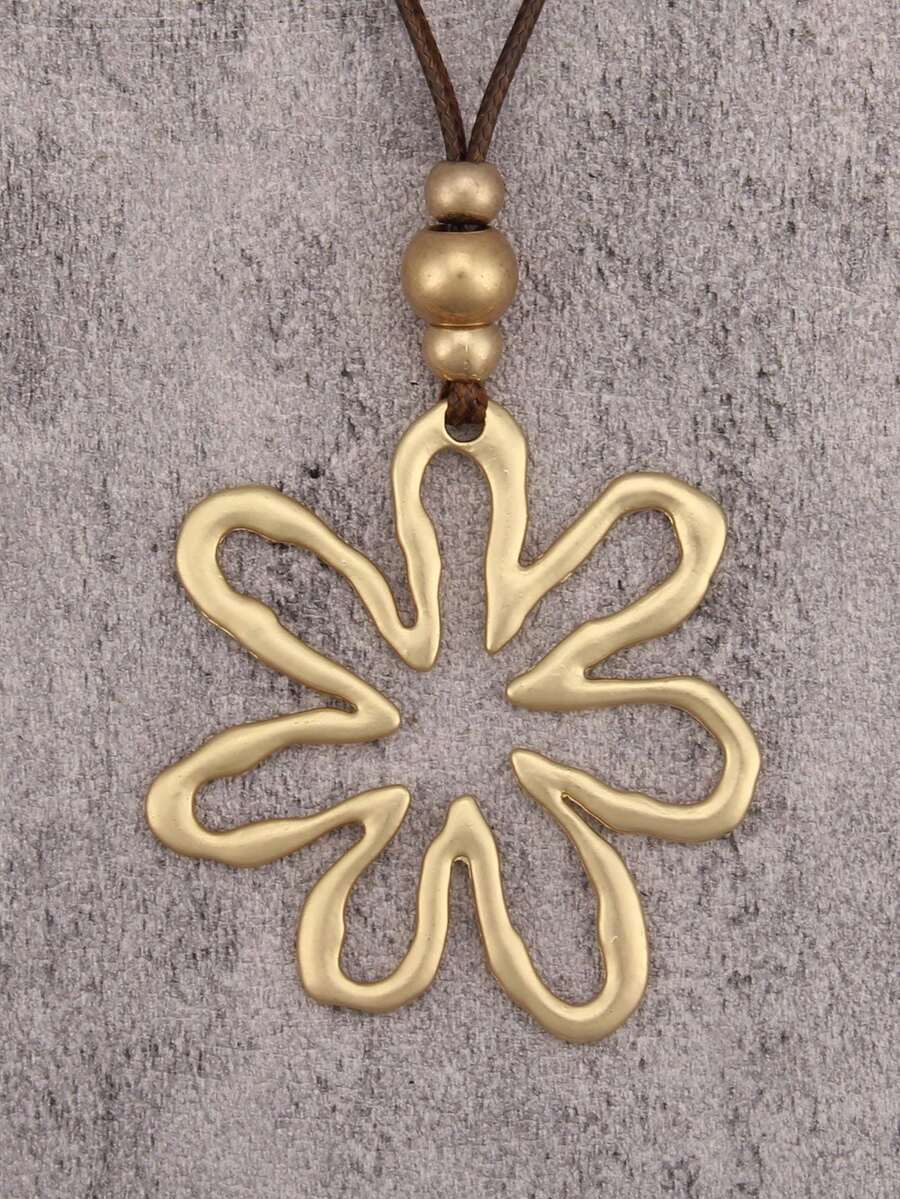 1 chiếc vòng cổ hợp kim hình hoa rỗng bất đối xứng màu vàng tối giản, vòng cổ dài thời trang hàng ngày với dây sáp màu nâu, phù hợp cho phụ nữ trẻ, bạn gái