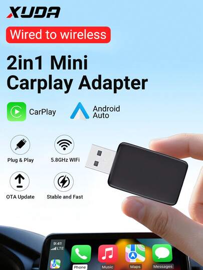  XUDA 2025 Ultra Mini Car Wireless CarPlay Adapter, Wired To Wireless CarPlay/Android Auto 2in1 For With 99% Of Original Cars 2.4~5.0 GHz WiFi5 Stylish And Portable High-Speed Connection, Smart Car Technology, Exclusive For Mobile Phone Users