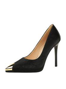 Chaussures pour femmes de style chinois, talons métalliques à talons hauts, bout pointu avec bride à la cheville ajourée, escarpins à enfiler sans talon avec perles - Noir - Voir 14