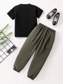 Young Boy Cartoon Print Round Neck Short Sleeve Top And Cargo Pants Set - Black - View 2