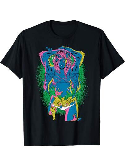 Algodón negro manga corta, contraste de color fluorescente, impresión de personaje de moda y atrevido