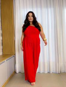 Women's Plus Size Curve Jumpsuit, Long, One-Shoulder, With Bow In Duna Print, Elegant For Parties - Đỏ - Xem 9