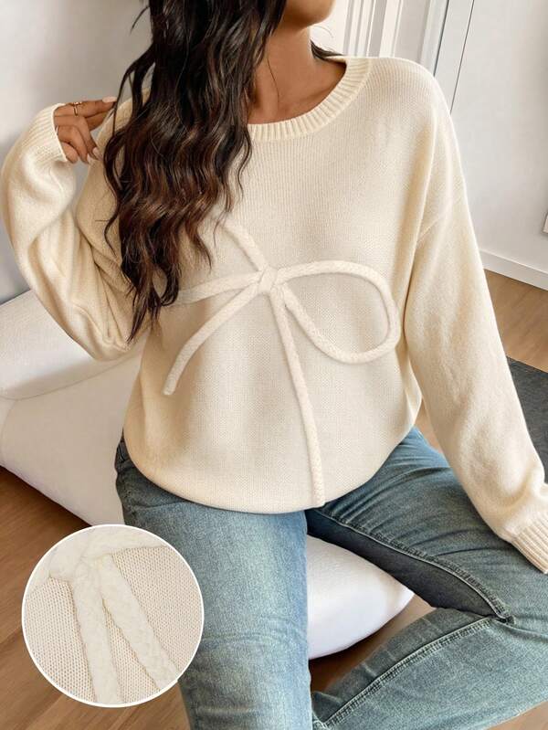 Plus Size Elegant Loose Bow Knot Pullover Sweater