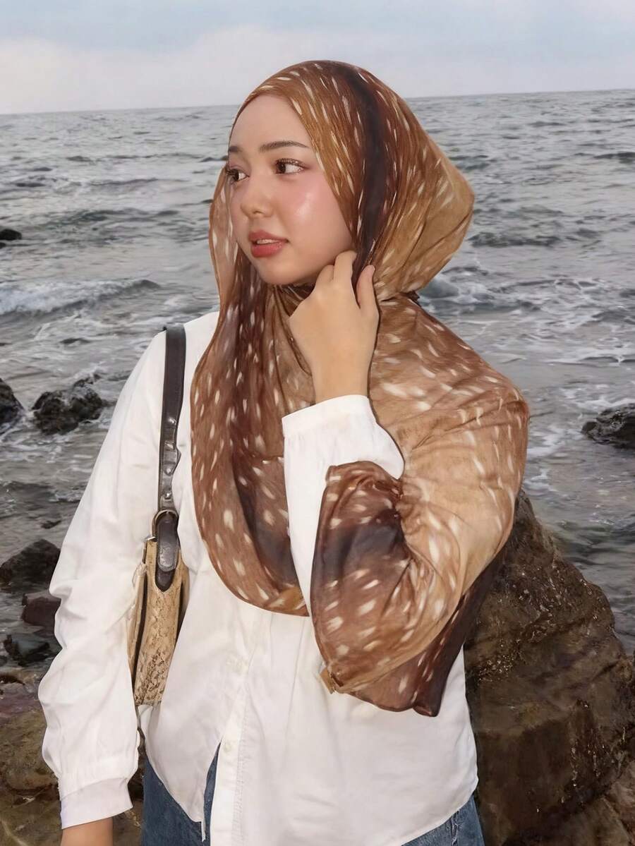 1件装女士波西米亚风花卉小鹿波点印花头巾，穆斯林防晒头巾，优雅百搭围巾披肩，适合日常佩戴
