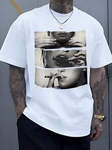Monochrome Print Captures Contemplative Sequence Woman's Hands Preparing Slender Object Lips Engaging Reflecting Quietude Men Undershirt Tops 220g Tee - White - View 8
