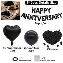 540/537/45/16件套红黑周年纪念装饰气球套装，周年快乐横幅，红/黑心形铝箔气球，情人节装饰气球，周年纪念、结婚、求婚派对、生日庆祝、新年室内装饰 - 彩色 - 查看 15