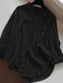 女士休闲纯色前扣弧形下摆衬衫 黑色 春季 - 黑色 - 查看 5