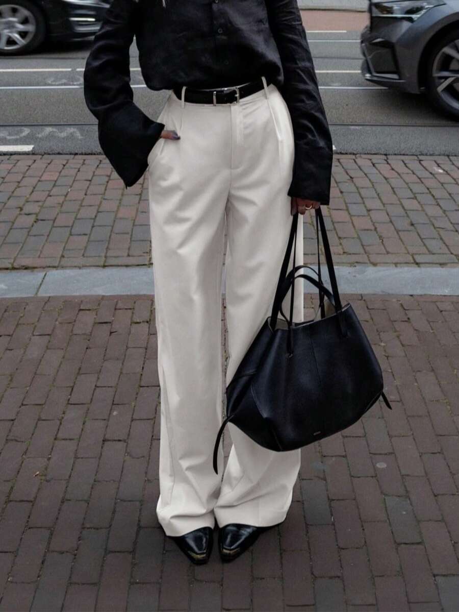 SMILE CHIC 2026春夏新款女士灰白褶皱宽松直筒裤，显瘦拉长，适合休闲、工作、通勤等场合。 - 灰色 - 查看 1