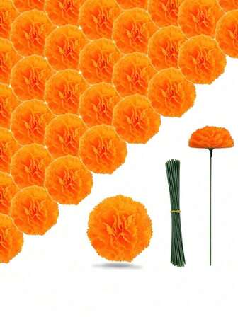 10朵人造万寿菊，2英寸丝质万寿菊带茎，墨西哥万寿菊花头，万圣节仿真万寿菊，亡灵节装饰，橙色人造花，适用于排灯节家居装饰，万寿菊花环，亡灵节装饰，DIY花环工艺品，亡灵节嘉年华派对传统装饰 - 橙色