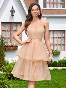 MIUSOL Vestido de fiesta con volantes de encaje con lentejuelas y cuello en V, vestido de verano, vestido de vuelta al colegio, vestido de invitada de boda, vestido de línea A para fiesta de primavera - Champán - Ver 5