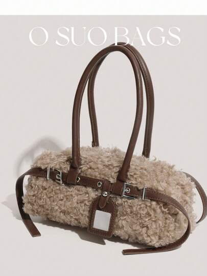 1件秋冬新款时尚仿羊羔绒+PU单肩包，撞色复古斜挎腋下包，女士款，配有可拆卸肩带