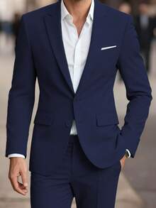 Mens Slim Fit 2-Piece Suit Two Buttons Notched Lapel Solid Suit Jacket Pants Set Tuxedo For Prom Concert Graduation Season Size XS-3XL Men's Spring New Products Suit Sets For Wedding Concert  Graduation Season - Navy Blue - View 2