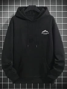 男士秋冬简约山景印花口袋抽绳连帽卫衣，长袖上衣 - 黑色 - 查看 6