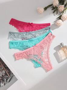 4pcs/Pack Women's Solid Color Sexy Lace Patchwork Thong Panties With Cute Bow, Seamless Stretchy Breathable Ladies Underwear - Multicolor - View 5