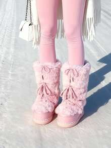Faux Fur Boots For Women Winter Snow Boots Platform Lace Up Round Toe Boots Warm Snow Shoes Fluffy Winter Boots - Hồng - Xem 8