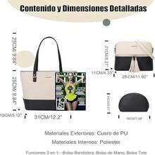Bolso Mujer, 3 Pcs Bolso de Hombro para Mujer, Bolso Tote de Cuero PU conúltiples Bolsillos Internos, Bolsas para Llevar en el Hombro de Mujeres, Bolso Dama de Mano, Regalo para Mujer - Dorado con Blanco - Ver 7
