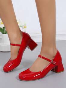 Autumn/Winter Plush Lined New Evening Dress Pumps, Glossy Patent Leather Women's Thick Heel Round Toe Red High Heels. Instep Strap Buckle Mary Jane Women's Shoes, Comfortable Indoor Outdoor Party Flats, Soft Fleece Lining Bohemian Style Red High Heel Women's Shoes - Đỏ - Xem 7