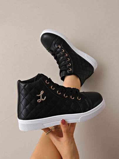 Women's Casual Sports Shoes, Comfortable Non-Slip Increased Height High-Top Lace-Up Sneakers For Leisure And Home Wear, Autumn