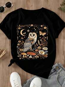 Owl Mushroom Floral Moon Butterfly Black T Shirt Women Boho Nature Print Graphic Tee Autumn Fall Cute Animal Top Fashion Casual Wear - 黑色 - 查看 2