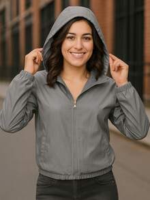 Chaqueta Cortavientos Bomber Informal con Capucha Peluche Interno para Mujer ligera de Manga Larga, con Cremallera y Bolsillos, Dobladillo Regular Moda - Gris - Ver 6