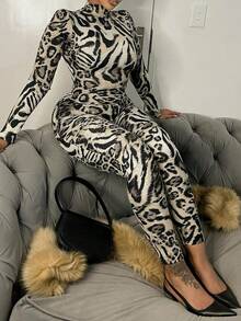 女士时尚豹纹高领性感紧身连体裤 春假 - 灰色 - 查看 4