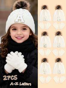 2件套儿童婴儿26字母针织帽和手套套装，柔软毛球装饰，保暖舒适，适合女孩秋冬季校园/户外活动穿着，适合3-8岁儿童。 - 白色 - 查看 2