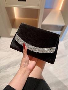 1 件经典褶皱设计缎面正式晚礼服手拿包，适合正式派对、宴会、婚礼、浪漫新娘场合，饰有闪亮水钻，配有链条肩带 - 黑色 - 查看 3