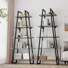 Estantería industrial de 5 niveles de madera, estilo rústico, alta y abierta, con escalera, ideal para exhibiciones en casa, sala de estar, dormitorio, oficina y almacenamiento. - amarillo claro - Ver 2