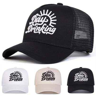 1顶女士“DAY DRINKING”卡车帽，个性字母刺绣棒球帽，街头时尚网眼帽，户外防晒休闲帽，适合春季、秋季、旅行、海滩