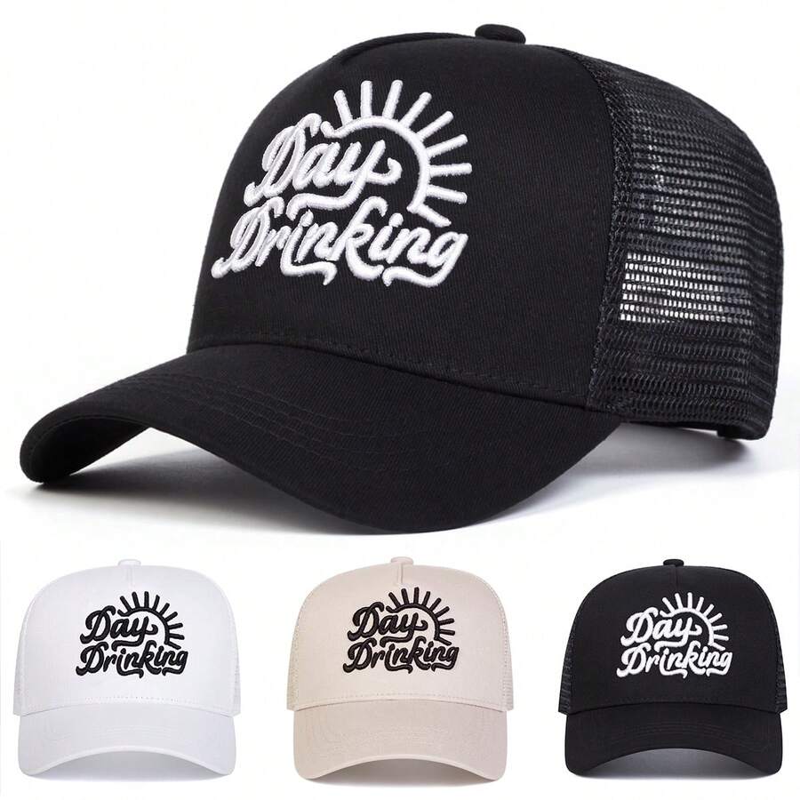 1顶女士“DAY DRINKING”卡车帽，个性字母刺绣棒球帽，街头时尚网眼帽，户外防晒休闲帽，适合春季、秋季、旅行、海滩 - 彩色 - 查看 1
