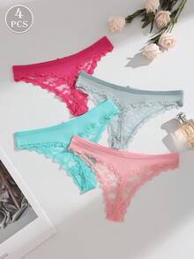 4pcs/Pack Women's Solid Color Sexy Lace Patchwork Thong Panties With Cute Bow, Seamless Stretchy Breathable Ladies Underwear - Multicolor - View 4