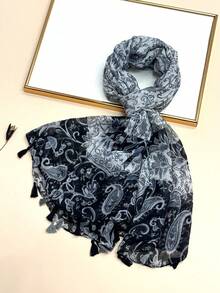 新款波西米亚印花围巾，轻盈透气流苏披肩，优雅女士防晒沙滩旅行围巾 - 灰色 - 查看 2